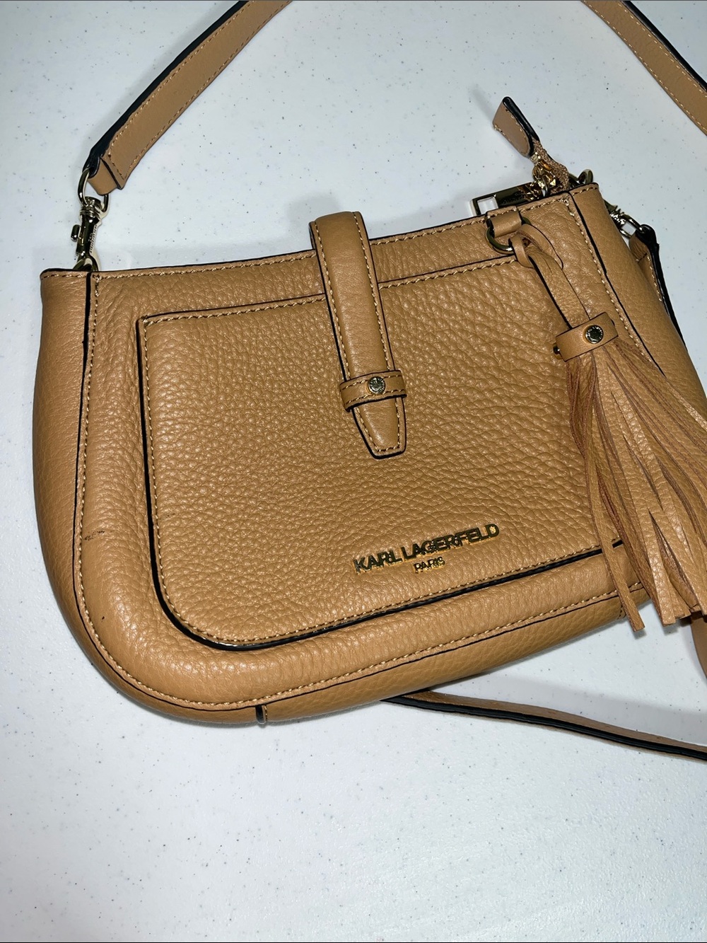 Karl Lagerfeld Camel/Tan Pebbled Leather Crossbody with Tassel